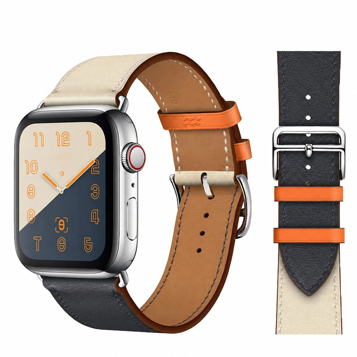 Apple Watch対応レザーバンド：オフホワイト・ブラック・オレンジ配色